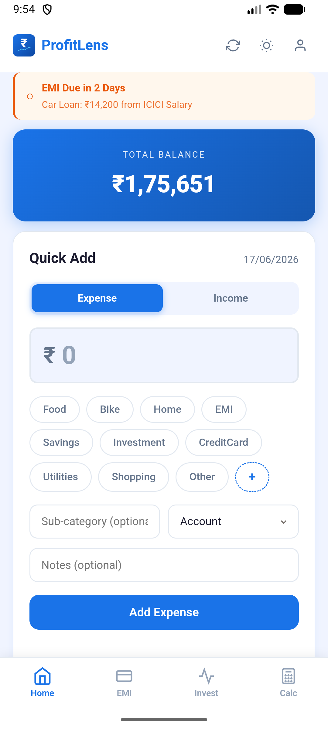 ProfitLens home screen